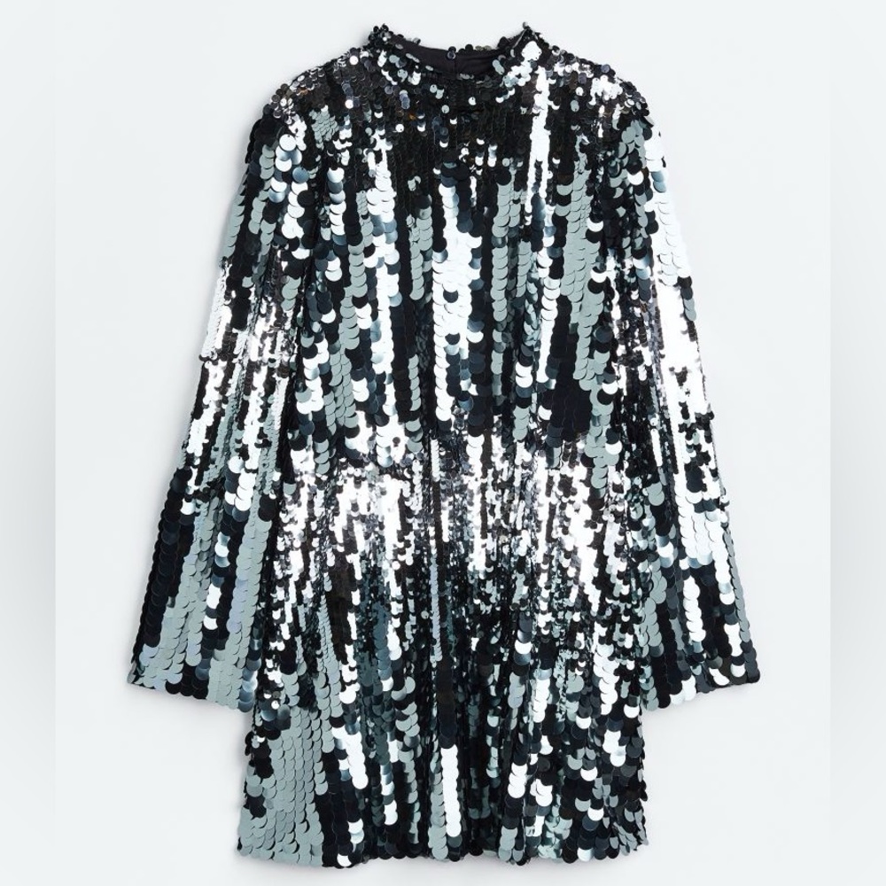 Sequin mix bell sleeve open back dress nwot